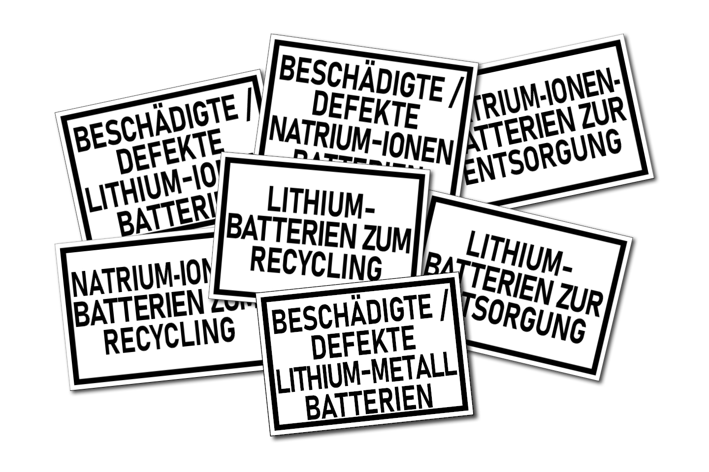 ADR-konforme Etiketten für Lithium- und Natrium-Ionen-Batterien zur Entsorgung, Recycling und beschädigte Batterien
